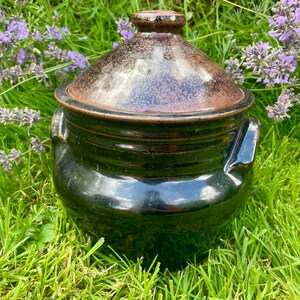 May include: A black ceramic pot with a lid, featuring a speckled brown glaze. The pot has two handles and is sitting on a bed of green grass.