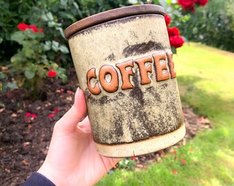 Coffee Container Tremar Pottery Stoneware Brown and Orange Wooden Lid Retro 1970