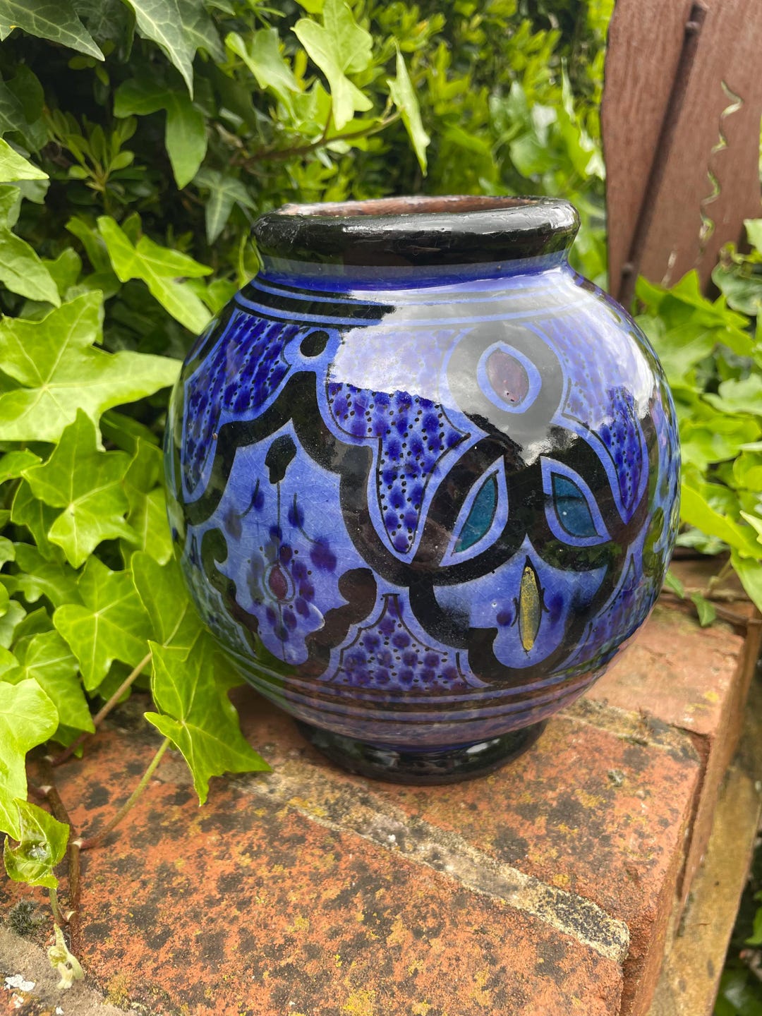 Gothic Rectangular Pot Hand-painted Vase - Gazed Ceramic Pot - Gothic Eastern Style - Mid-20th ...