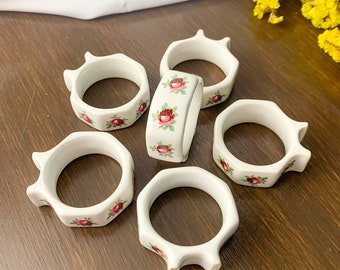 Red Rose Napkin Holder Ceramic Ring Set of Six Tableware Made in