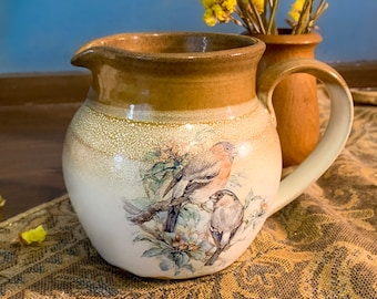 Birds And Flowers Ceramic Brown Jug Beautiful Handmade Painted Cottagecore