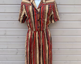 Women's Size 12 Cipriani Striped Dress Long In Length With Vibrant Red, Beige And Black Stripes With An Elasticated Waist And Short Sleeves