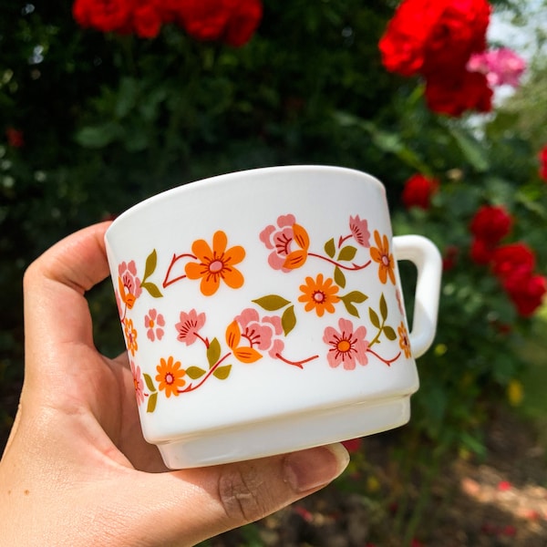 White Glass Arcopal France Orange Floral Opalware Vintage Milk Glass Cups