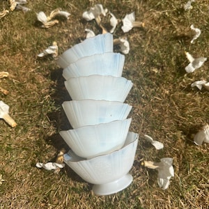 May include: A stack of six translucent opalescent glass bowls with a scalloped rim and a delicate embossed floral pattern. Each bowl features a subtle iridescent sheen and a gold-toned trim along the edge, resting on a small circular pedestal base.