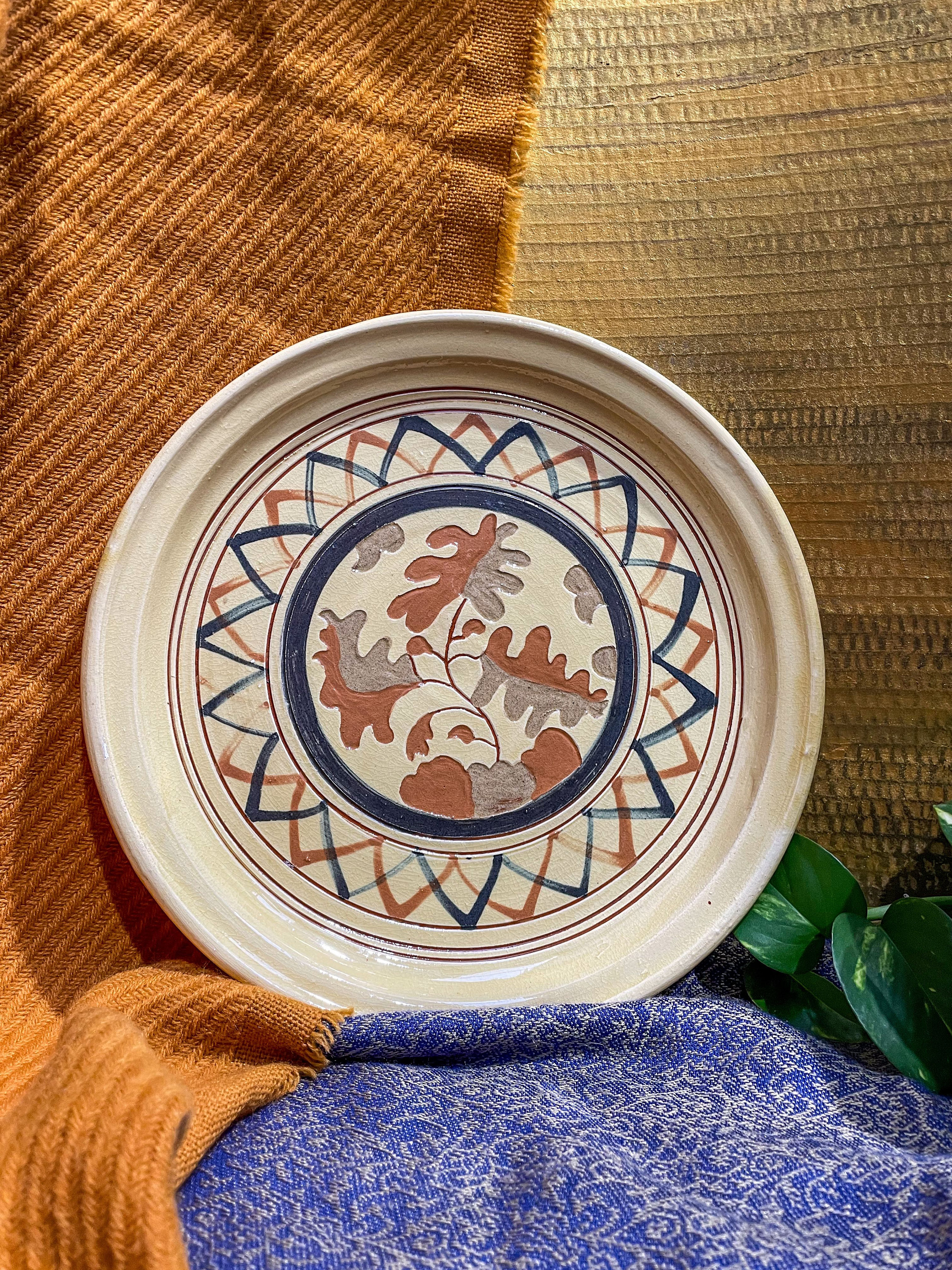 Terracotta Handmade Oak Leaves Pattern Cream Plate Unique Platter Tableware