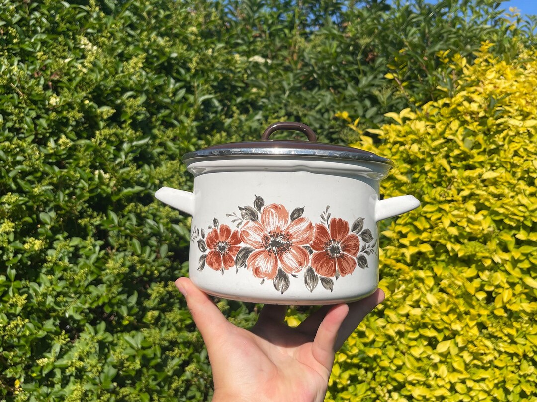 Metal Enamel Pot Red Flower Pattern With Handles and Lidded Stylish and