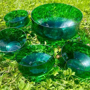 Set Of Five Glass Bowls Green And Large Centrepiece Bowl Glassware Verdant Harmony Green Glass Maker Unknown Serving or Display Use Modern