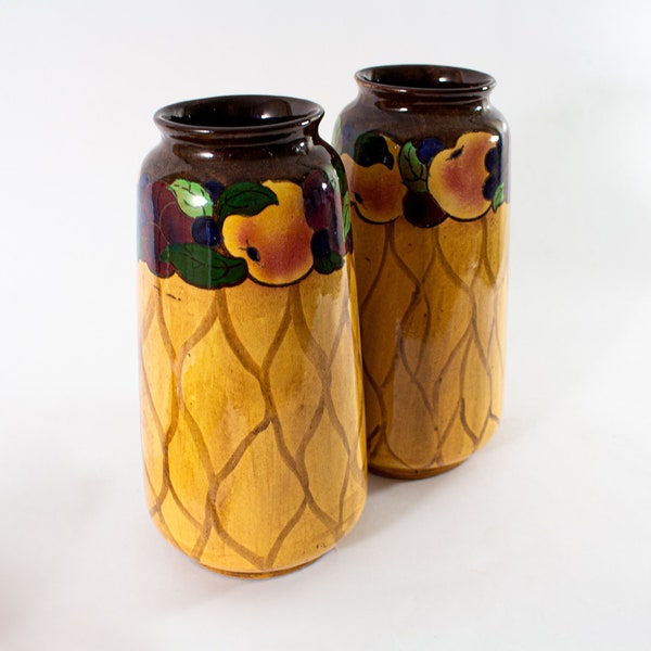 Pair of Royal Stanley Fruit Vases Cylinder Flower Arrangement - Jacobean Ware Made in England Antique