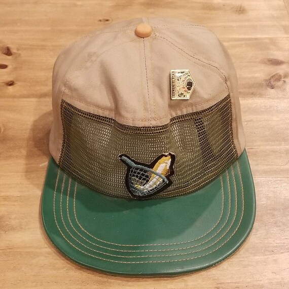 Vintage Fishing Hat Cap Snap Back Trout Leather Bill Wide Long One