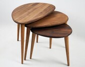 Solid Nesting Table Set of 3 - Oak, Chestnut Mid Century Modern, Pebble Tables with Tapered Legs, Solid Wood Home Furniture in a Retro Style