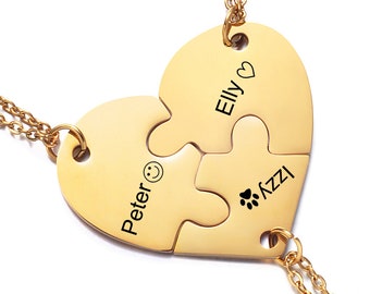 Personalized Name Heart Puzzle Necklace, BFF Necklace For 2/3/4/5/6/7/8, Best Friends Keychain, Friendship Family Love Gift Pendants Keyring