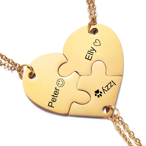 Personalized Name Heart Puzzle Necklace, BFF Necklace For 2/3/4/5/6/7/8, Best Friends Keychain, Friendship Family Love Gift Pendants Keyring