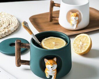 Shiba Inu Ceramic Mug with Lid and Spoon, Dog Lover Gift
