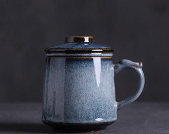Japanese Ceramic Mug with Lid and Coffee Filter, Glazed Stone Mug Set, Gift Idea
