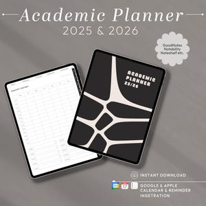 Könnte beinhalten: Zwei digitale Academic Planner für 2025 & 2026 werden gezeigt. Einer zeigt einen Semester-Stundenplan, der andere hat einen schwarzen Einband mit weißen abstrakten Formen und dem Text "Academic Planner 25/26". Das Bild enthält den Text "Sofort-Download".