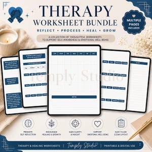 Peut inclure: Un ensemble de feuilles de travail de thérapie numérique avec un design bleu marine et blanc. L'ensemble comprend plusieurs pages pour l'auto-réflexion, la guérison et le bien-être émotionnel. Les feuilles de travail sont faciles à utiliser.