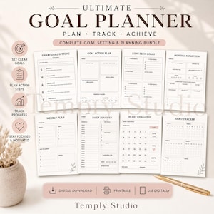 Könnte beinhalten: Ein komplettes Zielsetzungs- und Planungs-Bundle mit dem Text "ULTIMATE GOAL PLANNER". Das Bundle enthält Vorlagen für die intelligente Zielsetzung, Aktionspläne, langfristige Ziele und die Gewohnheitsverfolgung.