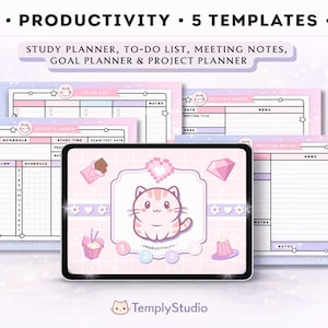 Puede incluir: Plantillas de planificador digital con una combinación de colores pastel. La imagen muestra una tableta que muestra una linda ilustración de gato con la palabra "Productividad". Alrededor de la tableta hay planificadores de estudio impresos, listas de tareas y notas de reuniones. El texto dice "Planificador de estudio, lista de tareas, notas de reuniones, planificador de objetivos y planificador de proyectos."