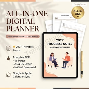 Può includere: Un'agenda digitale tutto in uno per iPad e Goodnotes con note di progresso per terapisti per il 2027. Il display mostra un'illustrazione di due persone sedute. Include PDF stampabili in formato A4 e US Letter con sincronizzazione calendario.