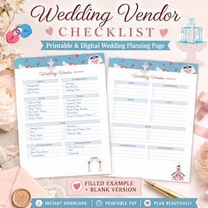 Könnte beinhalten: Zwei Seiten mit Checklisten für Hochzeitsanbieter mit Überschriften für Medien, Essen/Getränke, Dekoration, Blumen, Kleidung, Unterkunft und Unterhaltung. Der Text "Wedding Vendor Checklist" steht oben. Der Satz "Filled Example + Blank Version" ist ebenfalls sichtbar.