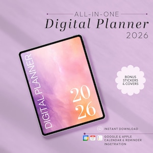 May include: A digital planner on a tablet with a soft pink and orange watercolor design. The text reads "Digital Planner 2026" and "Bonus Stickers & Covers". Includes Google & Apple calendar integration.