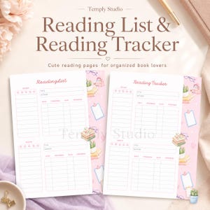 Peut inclure: Deux pages imprimables intitulées Reading List et Reading Tracker avec des bordures roses illustrées de livres, de plantes et de presse-papiers. Les formulaires incluent des sections pour le titre, l'auteur, la date, la progression et une évaluation.