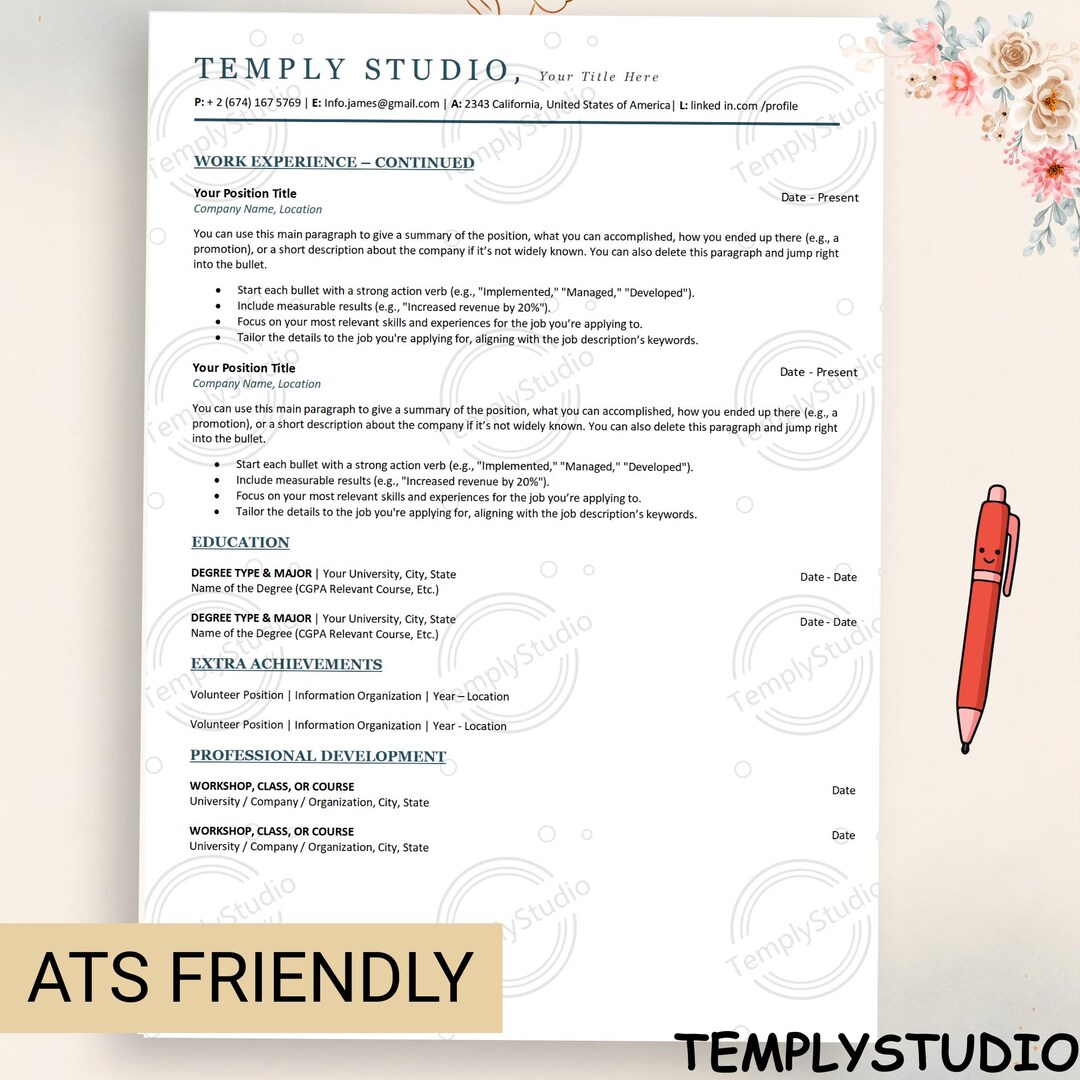 ATS Friendly Resume Template for Canva, Professional CV Template ...