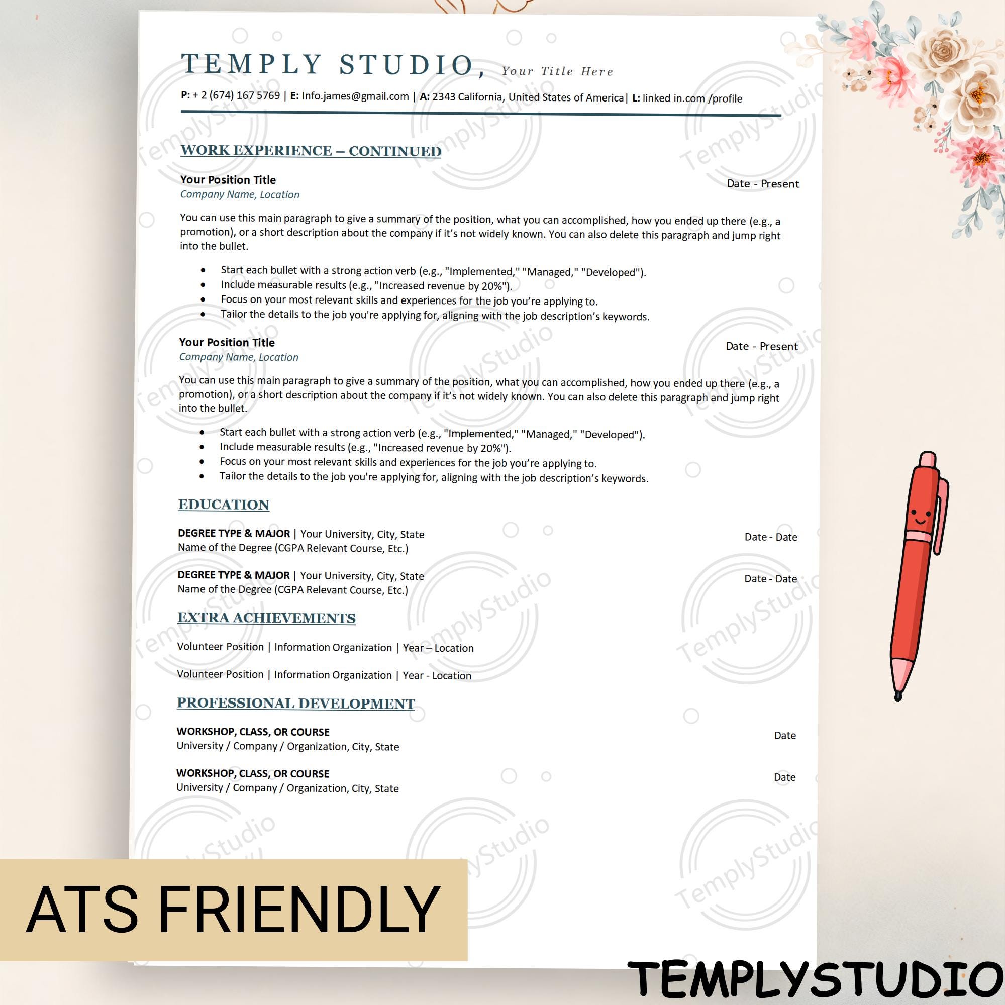 ATS Friendly Resume Template for Canva, Professional CV Template ...