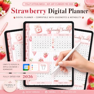 Op de afbeelding: Een digitale planner voor 2026 met een aardbeienthema. De planner wordt weergegeven op een tablet en toont kalenderpagina's voor januari, februari en andere maanden. De tekst luidt "Strawberry Digital Planner" en "Twenty Twenty".
