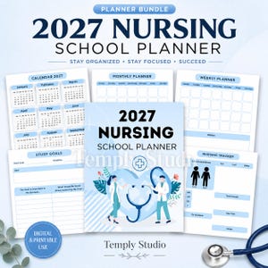 Könnte beinhalten: Ein Planer-Bundle für die Krankenpflegeschule 2027. Das Cover zeigt "2027 Nursing School Planner" mit einem herzförmigen Design und medizinischem Fachpersonal. Enthält Kalender-, Monats-, Wochen- und Krankenpflegetracker-Seiten.