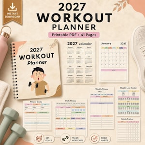 Könnte beinhalten: Ein druckbarer 2027 Workout-Planer mit 41 Seiten. Der Planer enthält Abschnitte für Fitnessziele, tägliche Fitness, wöchentliche Fitness und einen Gewichtsverlust-Tracker. Enthält einen Kalender für 2027.