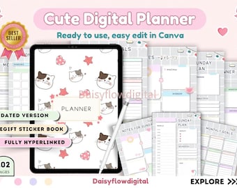 Editable Cute Cat Digital Planner | Kawaii Canva Planner | GoodNotes Notability iPad Planner | Undated Daily Weekly