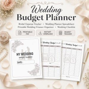 Może przedstawiać: Planer budżetu ślubnego z tytułem "Wedding Budget Planner". Planer zawiera sekcje do śledzenia wydatków, arkusz kalkulacyjny planera ślubnego i drukowany organizer finansowy ślubu. Okładka zawiera kwiatowe wzory i tekst "My Wedding Budget Planner".