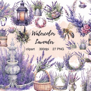 Aquarel lavendel clipart, Provence clipart, lavendel bloemen, commercieel gebruik, aquarel clipart, transparante PNG, honingbij, bloemen