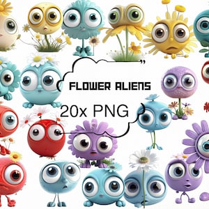 Flower aliens Clip Art Cricut - Cute Alien clip art - Flower cartoon clipart - Flower character png - transparent background - fantasy