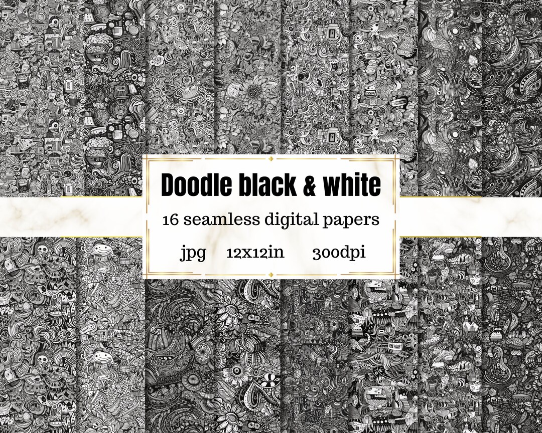 Doodle Black and White Seamless Digital Papers - Printable Paper ...