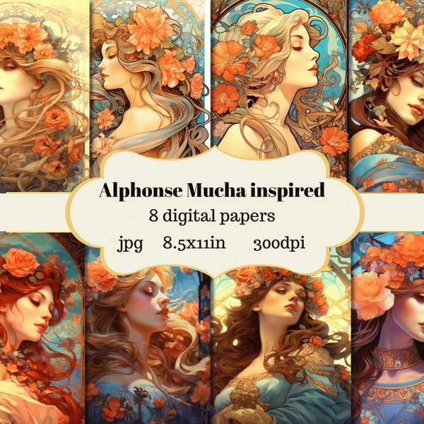 Alphonse Mucha Inspired Art Nouveau Digital Paper, Craft Paper, Journaling Papers, Printable Journaling Cards, Crafting Papers, Mucha Style