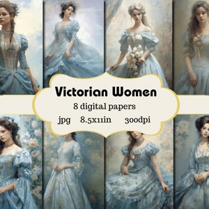 Femme victorienne en papier numérique floral bleu - Papiers de journalisation - Cartes de journalisation imprimables - Papiers d'artisanat - Papier de style victorien - ai