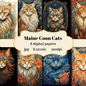 Art Nouveau Maine Coon Cats Digital Paper - Journaling Papers - Printable Journaling Cards - Crafting Papers - Cat Portraits - Art Cat