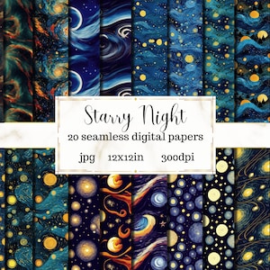 Papéis digitais sem costura inspirados em Starry Night Van Gogh - Papel para impressão - Papel digital - Vincent van Gogh - Starry Night Van Gogh