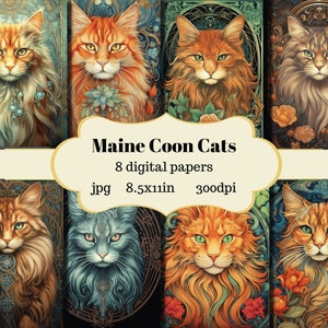 Art Nouveau Maine Coon Cats Digital Paper - Journaling Papers - Printable Journaling Cards - Crafting Papers - Cat Portraits - Art Cat