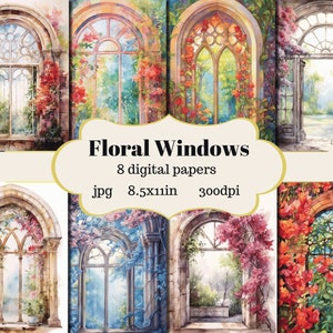 Aquarell Windows Floral Digitales Papier - Journaling Papiere - Printable Journaling Karten - Bastelpapiere - Aquarell Stil Papier - ai art