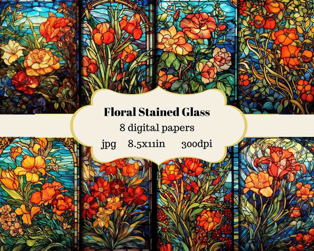Floral Stained Glass Digital Paper, Craft Paper, Journaling Papers ...