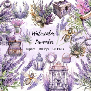 Watercolor Lavender Clipart, Provence Clipart, Lavender Flowers, Commercial Use, Watercolor Clipart, Transparent PNG, Honey Bee, Floral