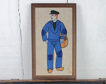 Needlepoint Picture Breton Fisherman 60s Handsewn Tapestry French Bretagne Forager Naive Wall Art Cottagecore Country Farmhouse Collectible