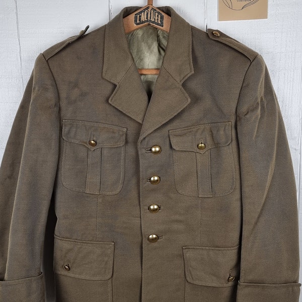 vintage 1978 Army Jacket Taille Sm Twill Français Veste militaire Utah Paris Epaulettes Boutons en laiton Militaria Collectors Uniforme Veste verte