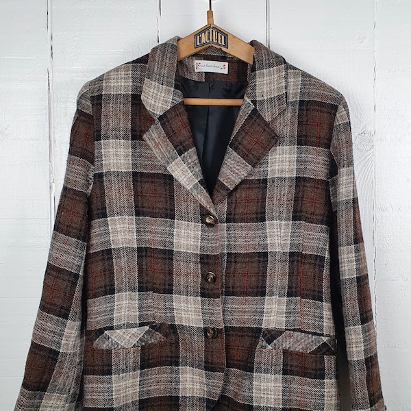 Vintage 1990s Ladies Brown Grey Checked Jacket Size L Wool Viscose Mix Veste Femme Taille 44 Marron Grise Carreaux Hippie Boho Style