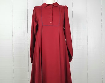 French Burgundy Dress Size XS Wool Mix French Romantic Fashion Classic Andre Bercher Paris Robe Rouge High Waist Pleated Cottagecore Classic