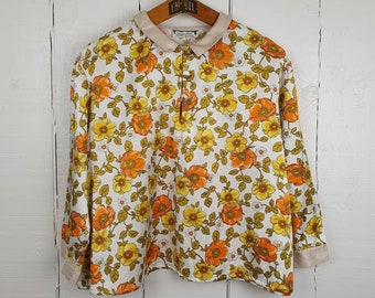 vintage Floral Pyjama Top Hippie Floral Blouse Jaune Orange Floral Chemise Cottagecore Esthétique Boho Floral Blouse Années 1960 Vêtements de nuit