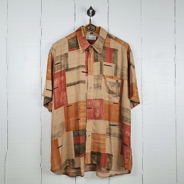 Vintage 80s Shirt Size XL Orange Green Abstract Geometric Print Crazy Print Mens Shirt Boho Hippie Arty Chemise Abstraite Chemise Homme Ete